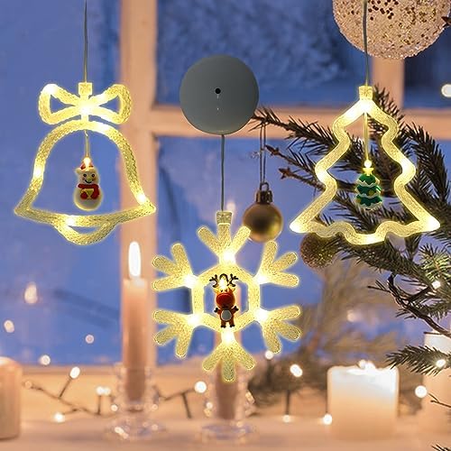 3 piezas de Navidad Luces Decorativas, Navidad colgando de la ventana de luz de interior Luces de telón de fondo con ventosa LED Luces de Navidad con pilas para la decoración del hogar de Navidad