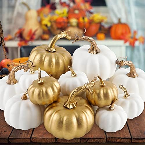 Benjia Calabazas Decorativas de Otoño, Calabazas Falsas de Espuma Blanco y Dorado Grandes y Pequeñas para Exteriores para Halloween Festival de la Cosecha Otoño Halloween Decoracion 16 Piezas