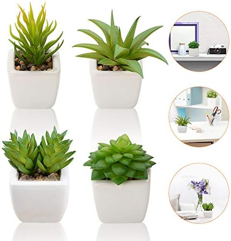 Plantas Suculentas Artificiales 4 Piezas, Plantas Falsas Pequeñas Mini Plantas Suculentas en Macetas, Planta Decorativa de Fuax para el Hogar Casa Mesa Balcón Oficina Interior Decoración Accesorios