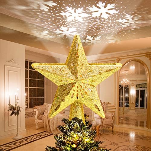 Avoalre Estrella Arbol Navidad con Proyector LED de Copo de Nieve Giratorio Proyector Luces Decoración árbol de Navidad para Hogar Oficina Bar Hotel – Dorado