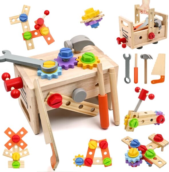 Caja Herramientas de Madera Juguetes Niños 3 4 5 Años, Montessori Herramientas Juegos Recursos Educativos Aprendizaje Construcción Tallo Juguete, Bricolaje Manualidades Regalos para Niña Niño