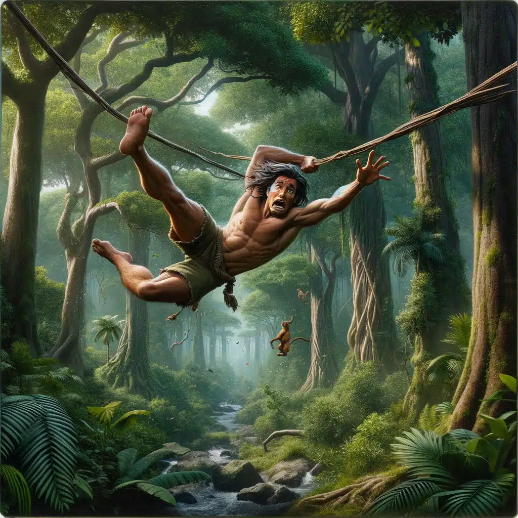 Tarzan svänger i rep genom djungeln.