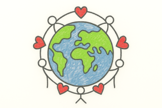 Drawing of the earth and people and hearts