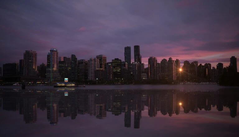 The skyline of Vancouver, British Columbia as the sun is setting