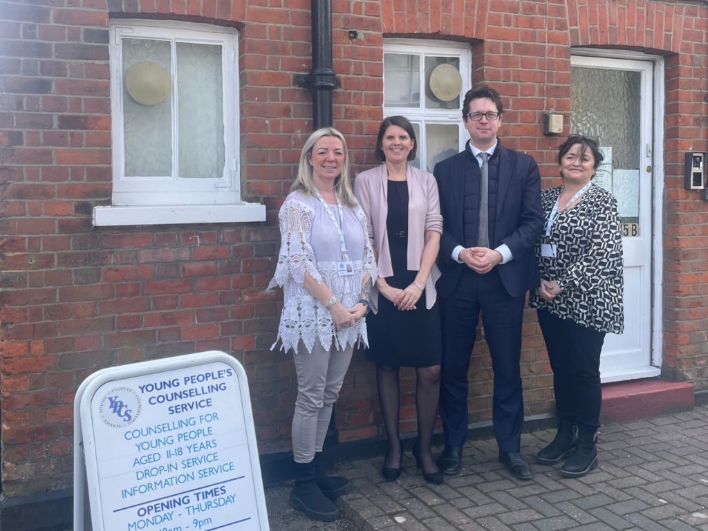 YPCS Director Claire White, Renew Chief Exec Nikki and Renew Counsellor Vicki meet MP Alex Burghart outside YPCS Brentwood
