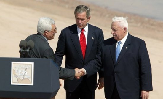 Mahmoud Abbas (left) shakes hands with Ariel Sharon (right) at the Red Sea Summit, 2003 Mahmoud Abbas (left) shakes hands with Ariel Sharon (right) at the Red Sea Summit, 2003
