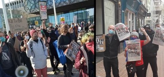 Left: protesters march against the Policing Bill in Birmingham. Left: Three RCG comrades hold FRFI