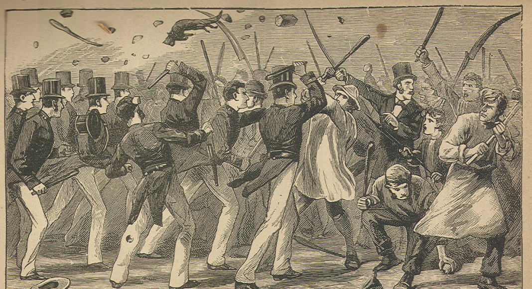 Engraving of Chartists rioting.