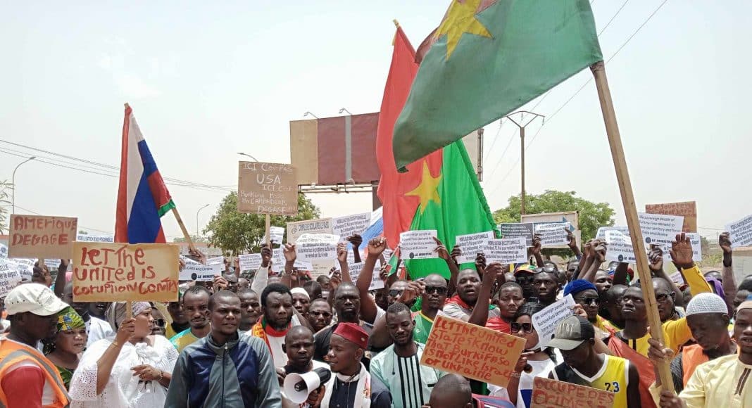 People protest in Burkina Faso outside the US embassy, 3 May 2024