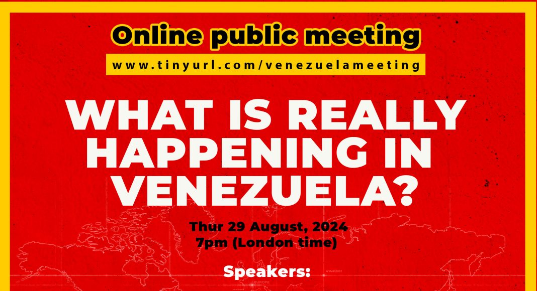 Leaflet for online public meeting: What is rally happening in Venezuela? With images of US politicians and Venezuelan opposition figures above images of Venezuelans rallying and Nicolas Maduro