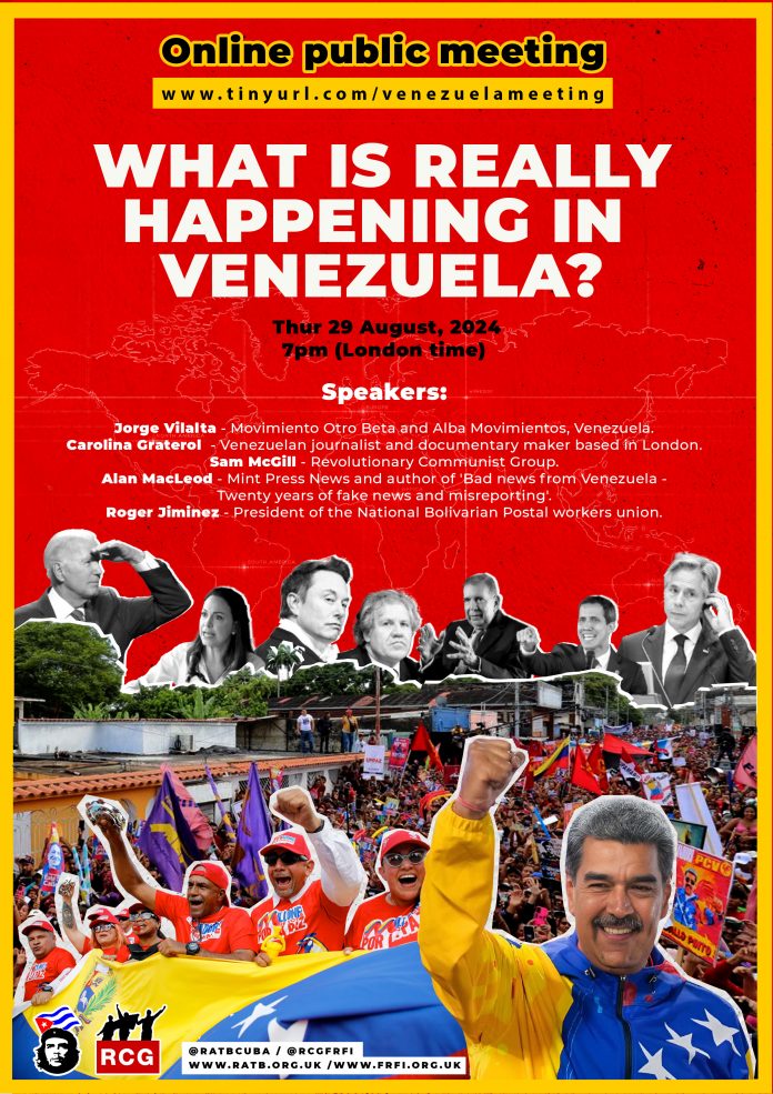 Leaflet for online public meeting: What is rally happening in Venezuela? With images of US politicians and Venezuelan opposition figures above images of Venezuelans rallying and Nicolas Maduro