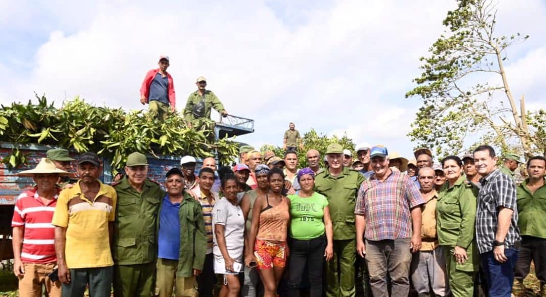 Cubans working to clear fallen trees after a hurricane stand with members of the Cuban government and Communist Party.