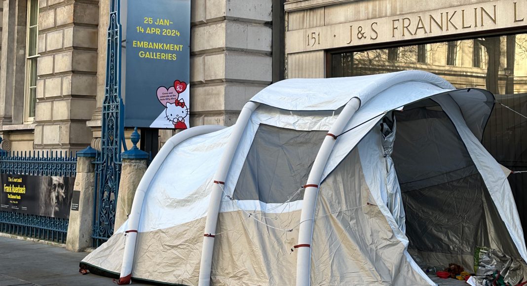 Homeless tent near Somerset House in London, England, UK