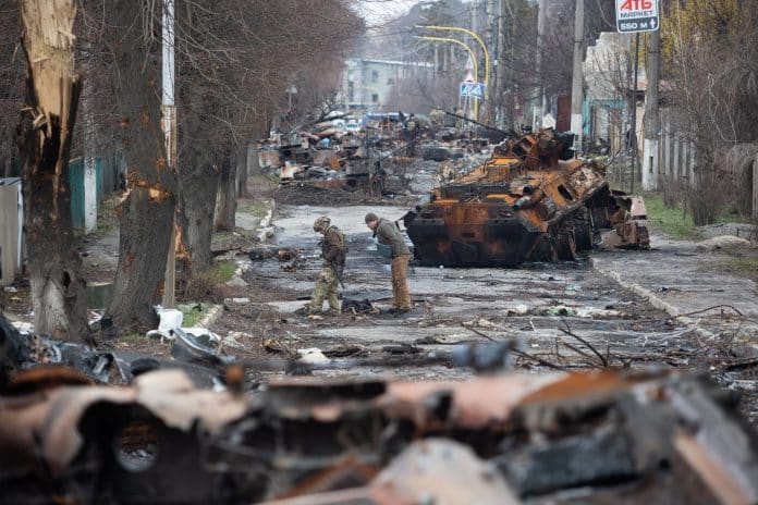 Bucha main street during the war in Ukraine