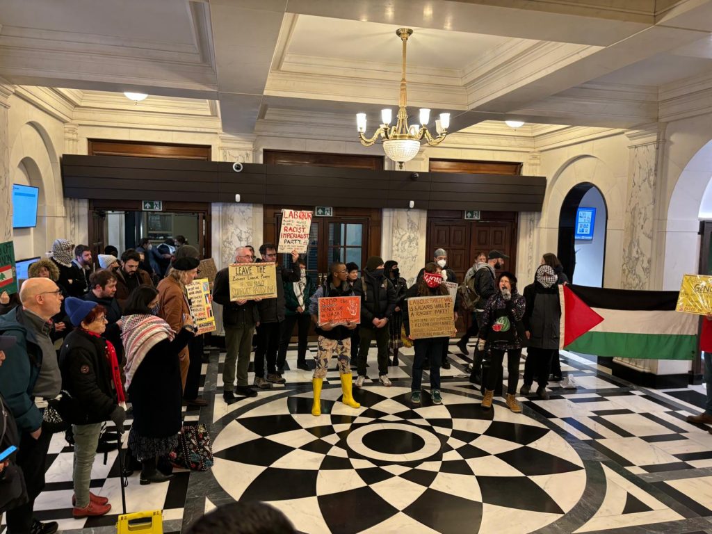 Protesters led by the RCG occupy Camden Town Hall in protest at censorship of a book launch (photo: FRFI)