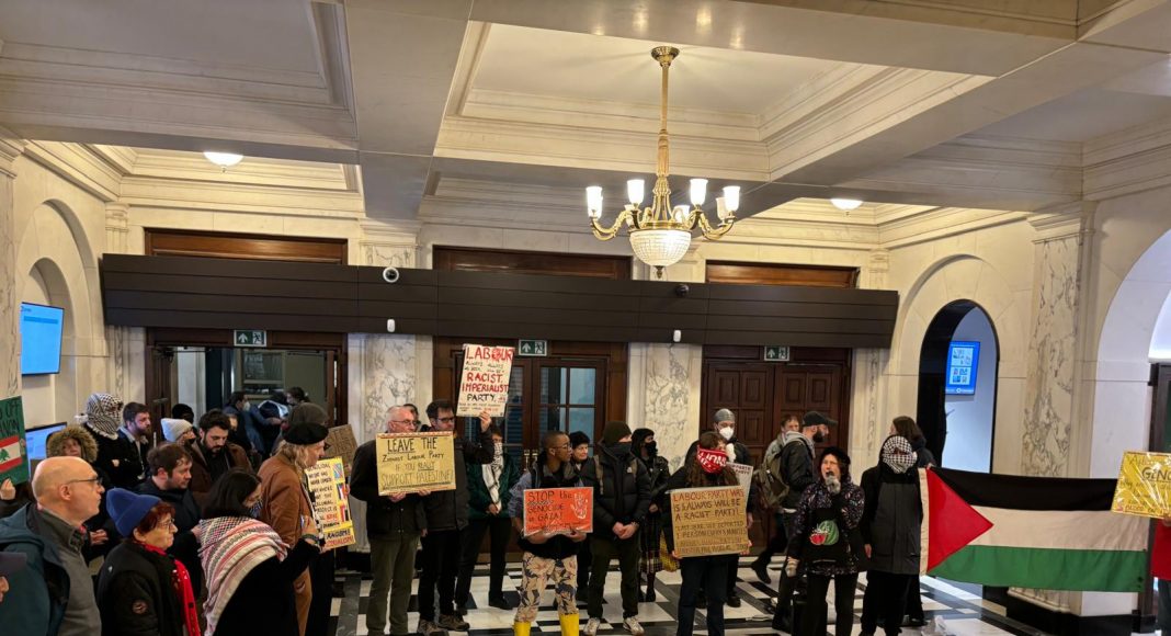 Protesters led by the RCG occupy Camden Town Hall in protest at censorship of a book launch (photo: FRFI)