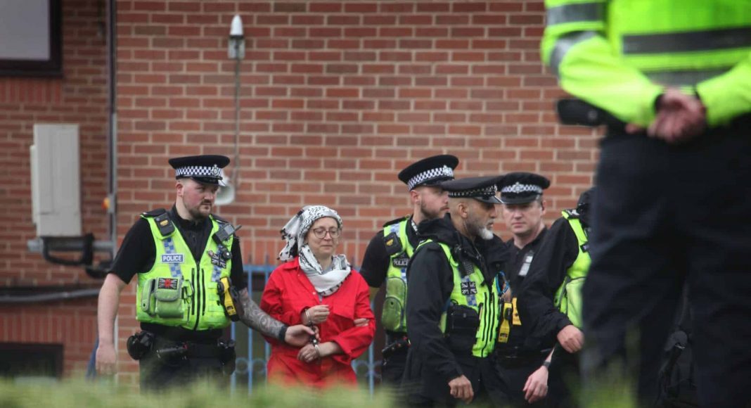 Francesca Nadin is arrested after an action at the Teledyne Defence & Space in Shipley, Bradford, 2024