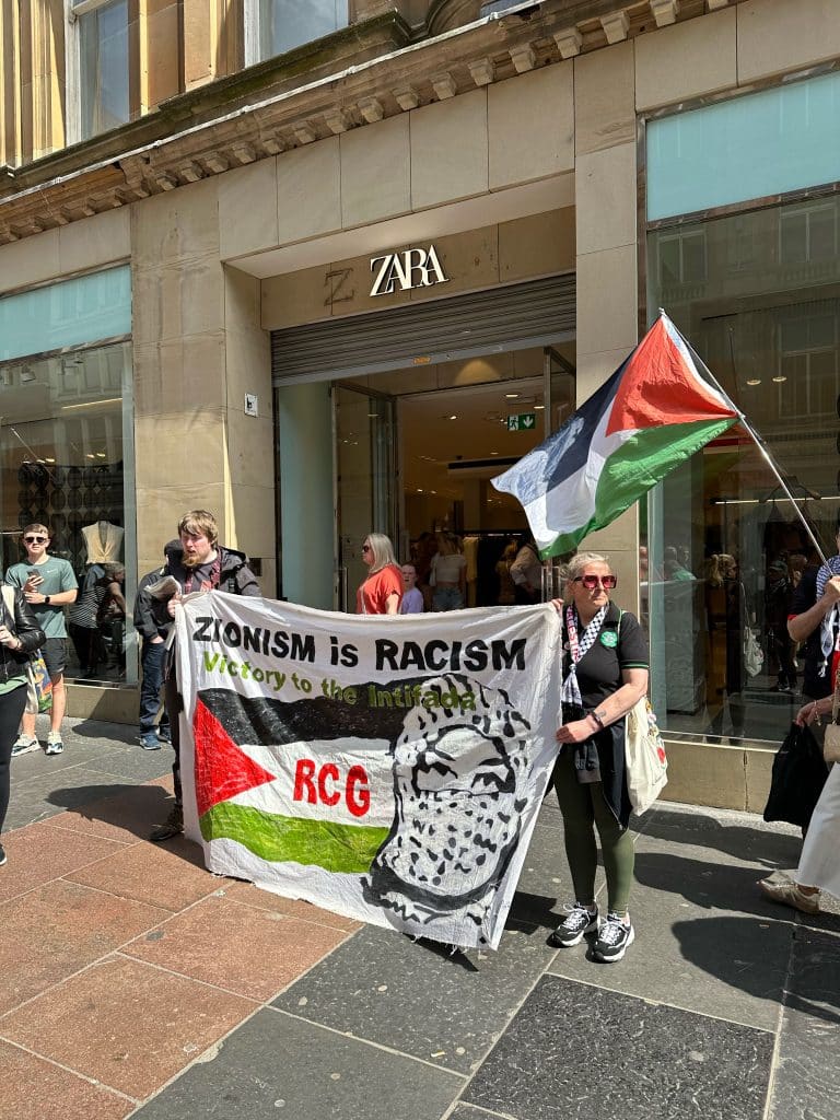 FRFI held another rolling picket through the city centre stopping to protest outside shops and businesses which support the Zionist state economically and politically