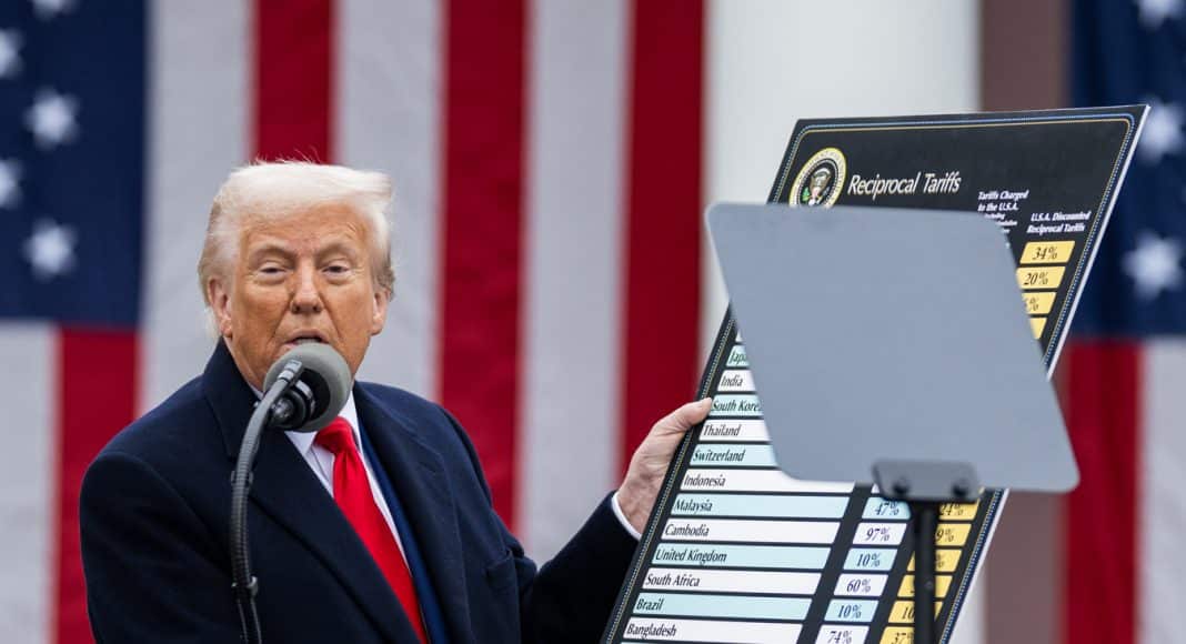 Donald Trump signs an Executive Order on the Administration’s tariff plans at a “Make America Wealthy Again” event, Wednesday, April 2, 2025, in the White House Rose Garden
