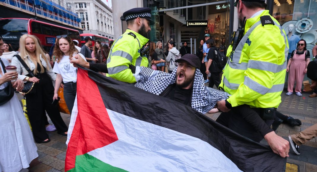 A sit-down protester for Palestine is arrested (photo: Alisdare Hickson| CC BY-NC-SA 2.0)