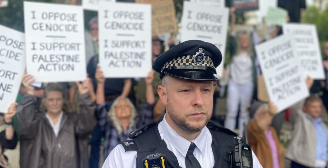 Defend Our Juries protesters oppose the proscription of Palestine Action (photo: Defend Our Juries)