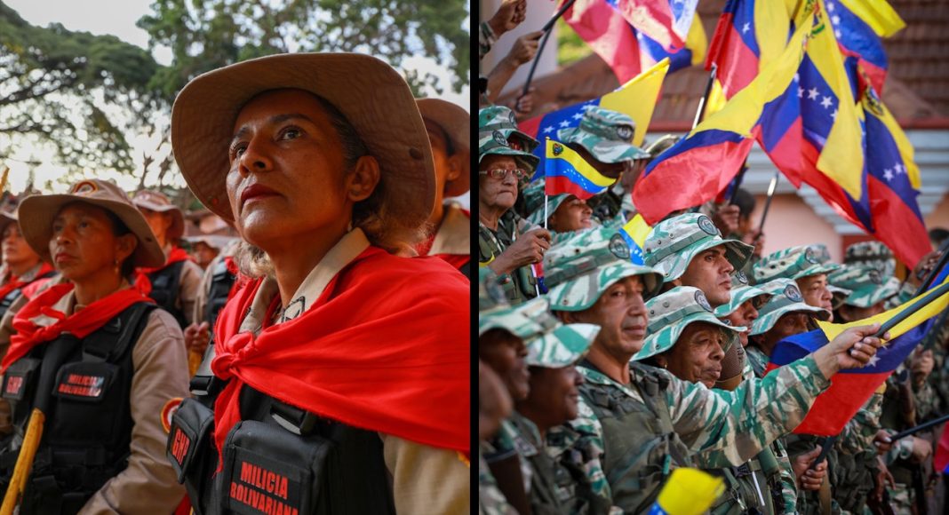 Mobilisation of the Bolivarian National Militia in April 2025. (photo: Prensa Presidencial). Venezuelan men and women in military fatigues and raped in flags.