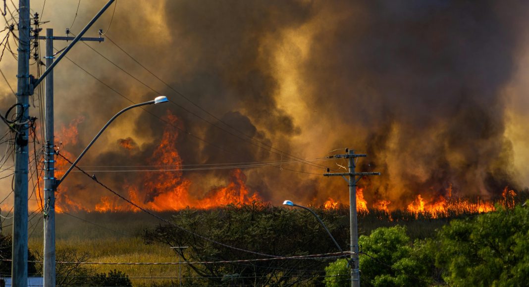 A wildfire burning in a field near houses