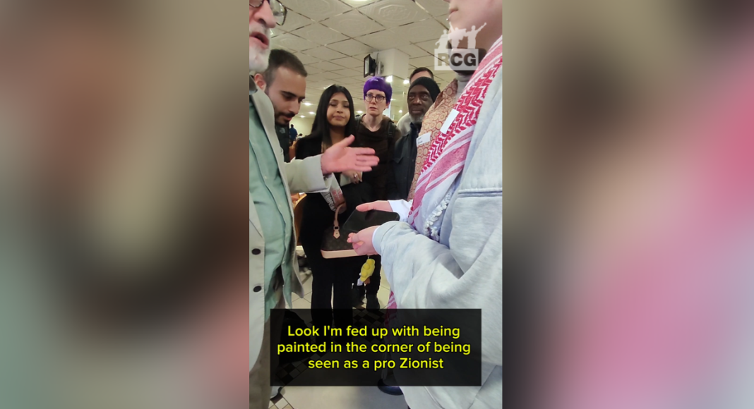 Jeremy Corbyn is confronted by the RCG. 'Look, I'm fed up with being painted in the corner of being seen as a pro-Zionist'.