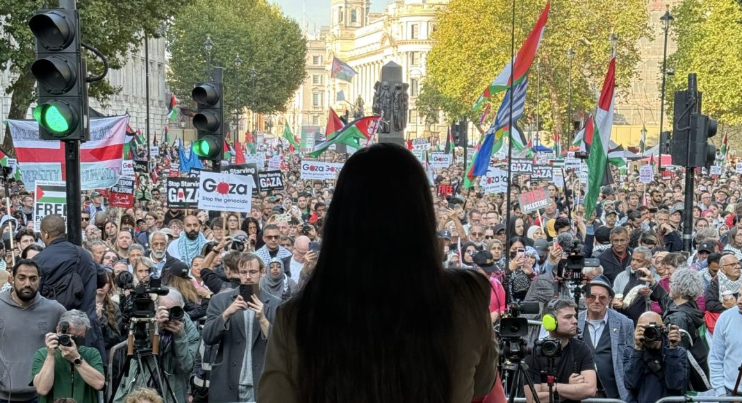 Zarah Sultana at the national Palestine protest in London on 11 October demanded 'expel the [Israeli] ambassador' (photo: Zarah Sultana/X)