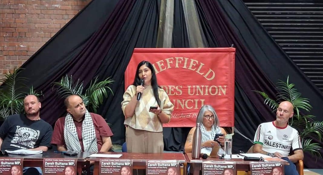 Zarah Sultana MP speaks at a Sheffield Trades Union Council meeting, 25 September (photo: X/Zarah Sultana)