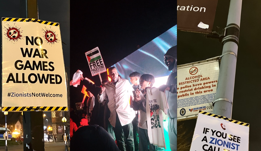 Protesters oppose the Maccabi Tel Aviv-Aston Villa match with signs reading 'No war games allowed'