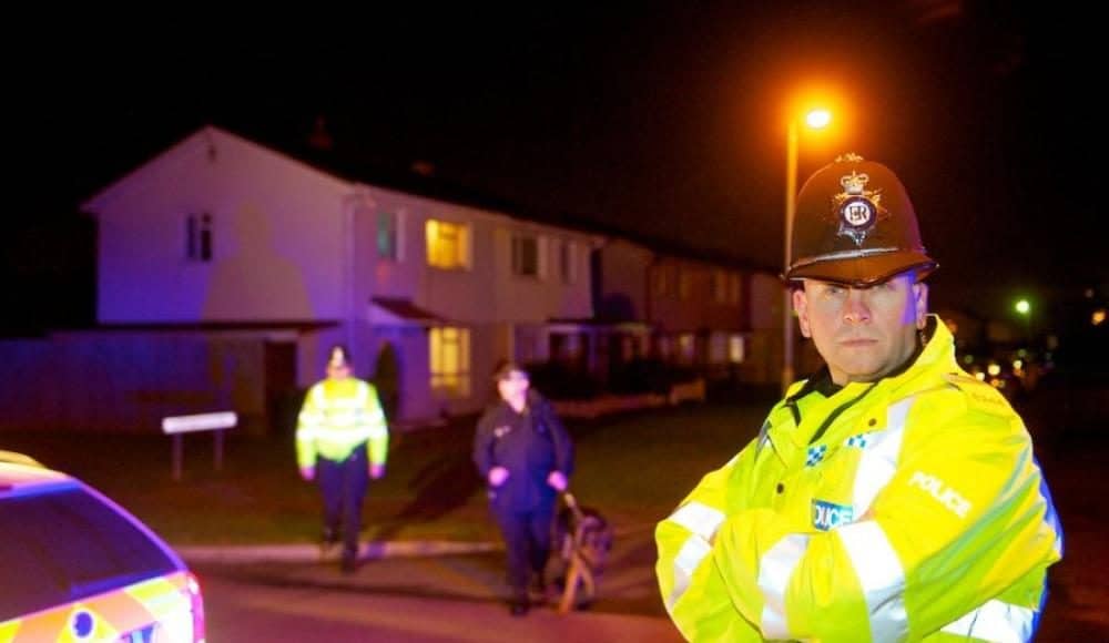 A police officer looks directly into the camera on a street at nighttime. Behind police patrol with a dog.