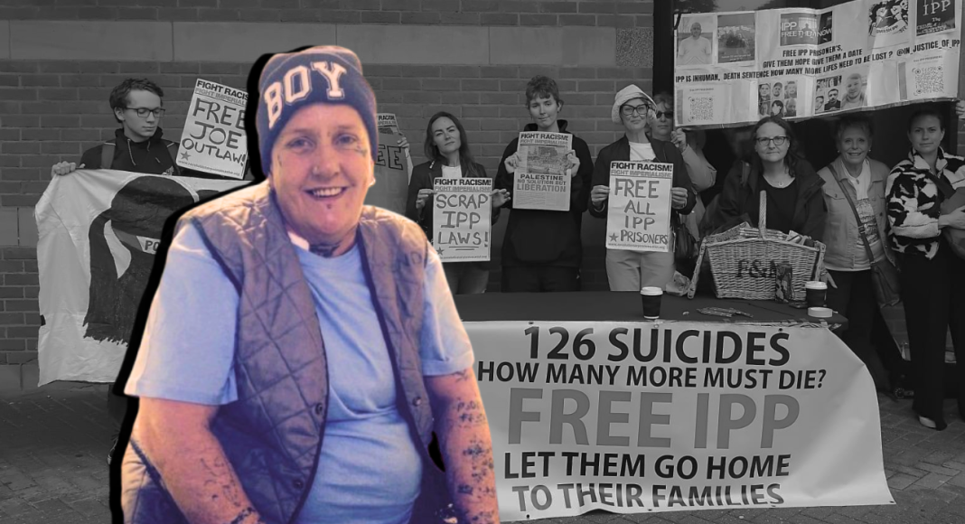 IPP prisoner Taylor Atkinson foreground, background FRFI protest against IPP sentences. Banner reads '126 suicides - how many more must die? Free IPP'