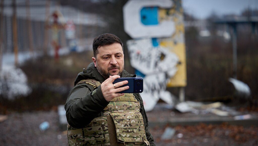 Ukrainian President Volodymyr Zelensky takes a selfie in the Kupyansk sector