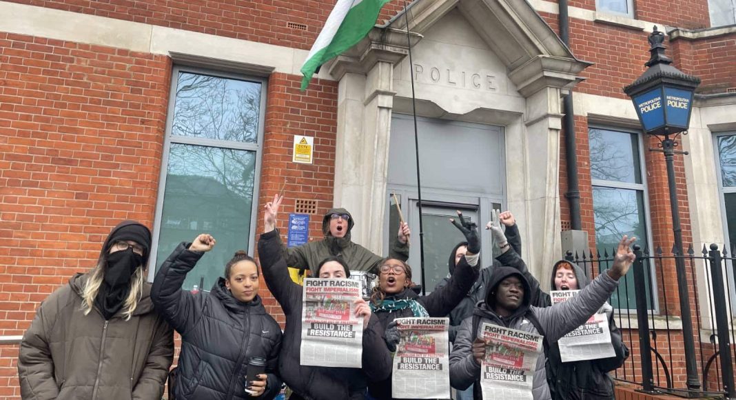 RCG supporters outside Wood Green police station (photo: FRFI)