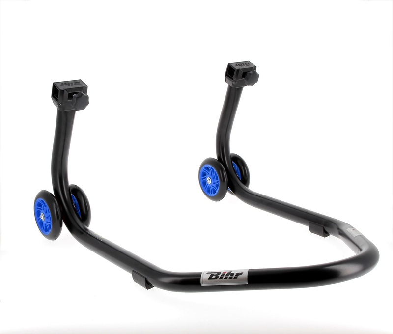Béquille de stand arrière BIHR Home Track supports en « L » noir mat roues bleu