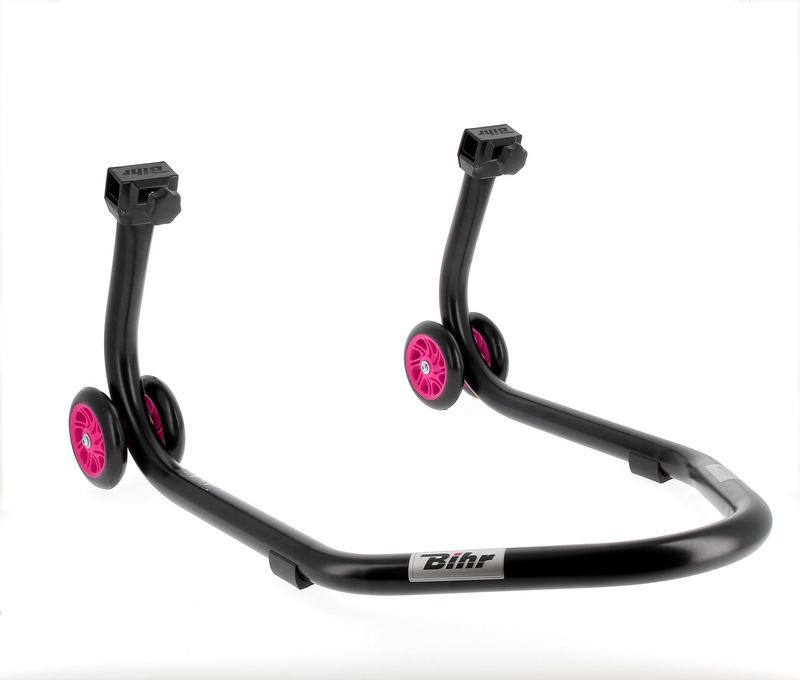 BIHR Home Track Paddockstand achter “V” Adapters Zwart met Roze Wielen