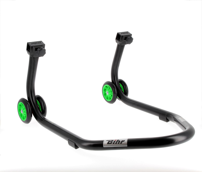 BIHR Home Track Paddockstand achter “V” Adapters Zwart met Groene Wielen