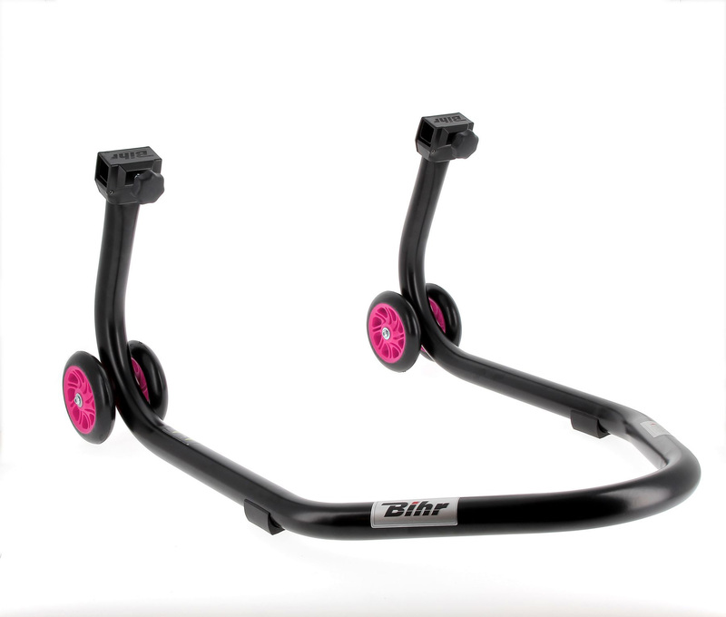 Béquille de stand arrière BIHR Home Track supports en « L » noir mat roues rose