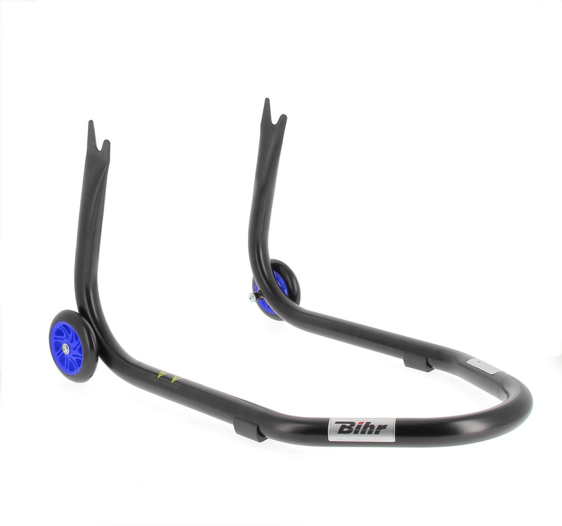 Béquille de stand arrière BIHR Home Track fixe supports en « V » noir mat roues bleu