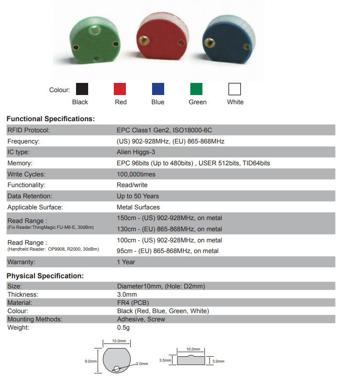 OPPD10 UHF RFID-tagg 10 mm diam