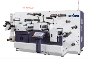 Compact digital finishing with fast semi-rotary die-cutting, flexo, corona