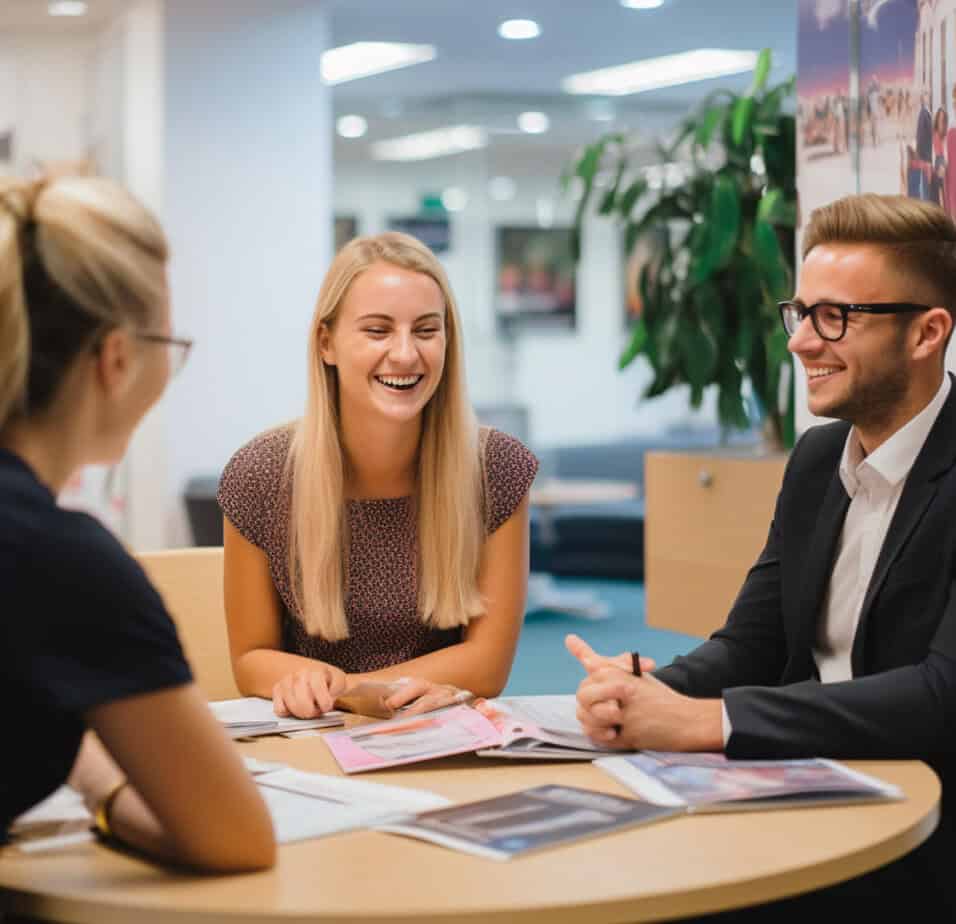 Recruitment consultants discussing cv’s at a desk