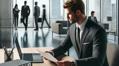 A Photorealistic Image Of A Construction Manager Sitting At A Modern Desk In A Corporate Office Reviewing Resumes Or Candidate Profiles For A Recruit