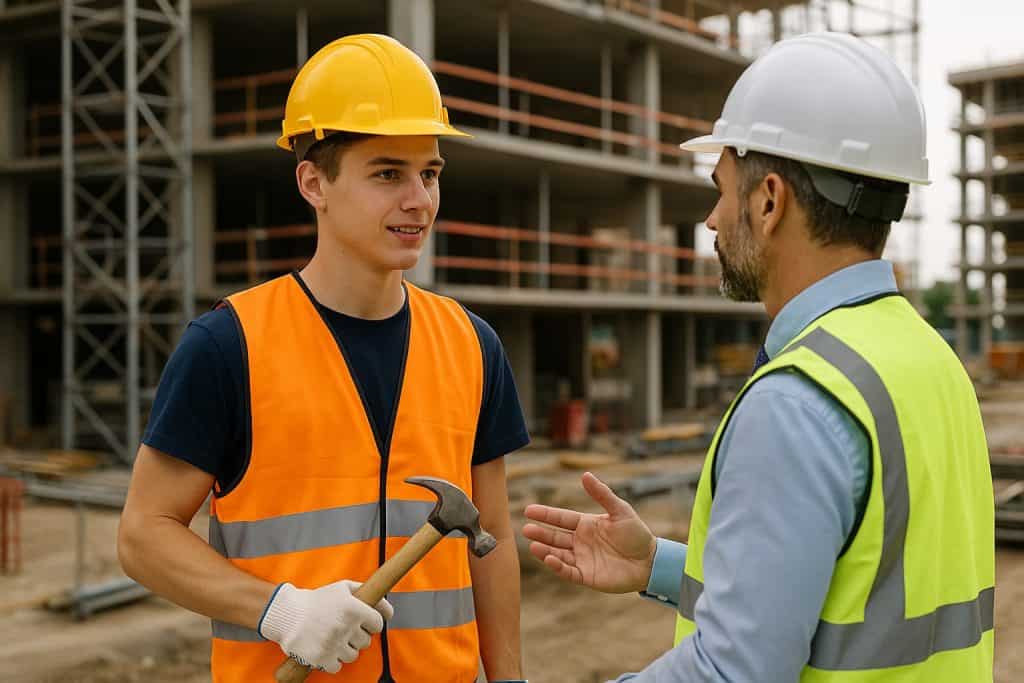Apprentice holding a hammer at a work site, listening to mentors advice.