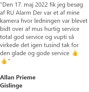 Den 17. maj 2022 fik jeg besøg af RU Alarm Der var et af mine kamera hvor ledningen var blevet bidt over af mus hurtig service total go