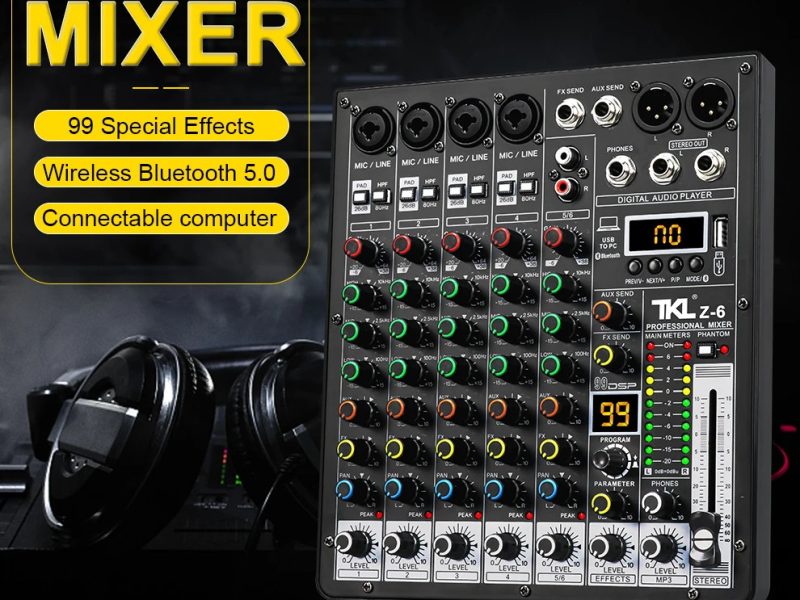 TKL 6 Kanals Audio Mixer 48V Phantom Power med USB og Bluetooth