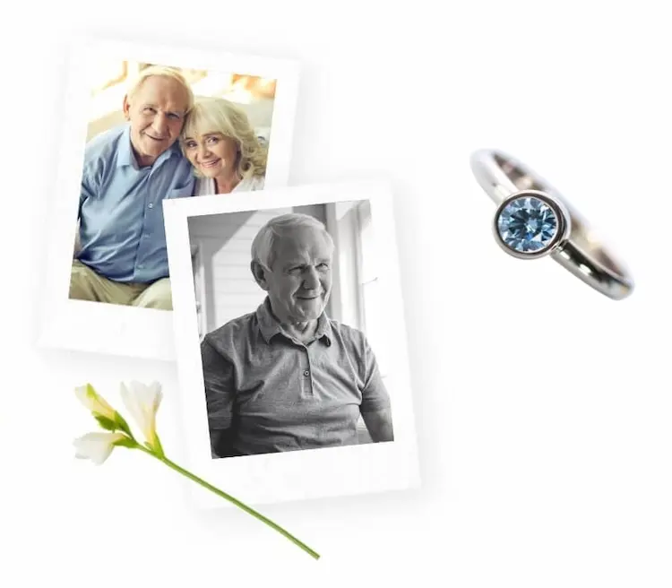 Older man, older man with his wife, blue memorial diamond ring