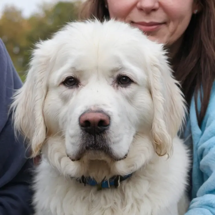 A white dog, being hugged by his owners.