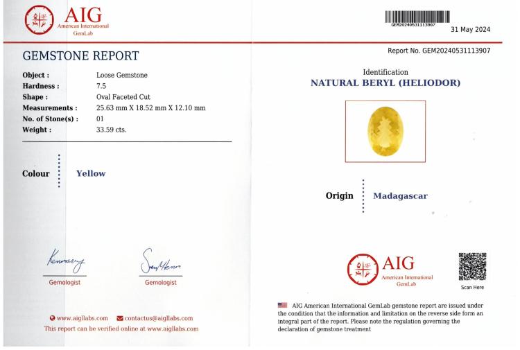 AIG Certificate - Yellow Heliodor